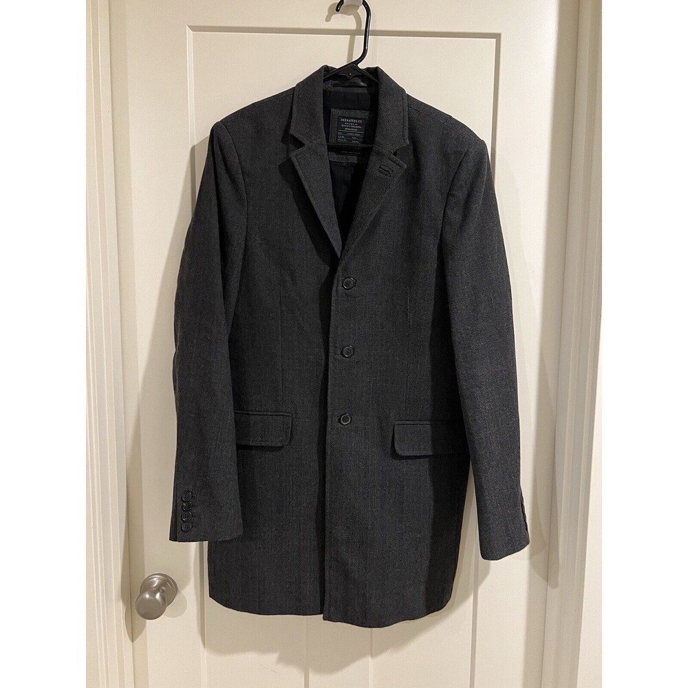 Allsaints Men’s Wool Harvard Coat Sz 38 Grayish Brown Herringbone